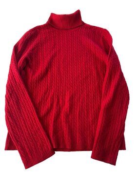 Ann Klein Women's LG Red Cashmere Cableknit Turtleneck Sweater Old Money